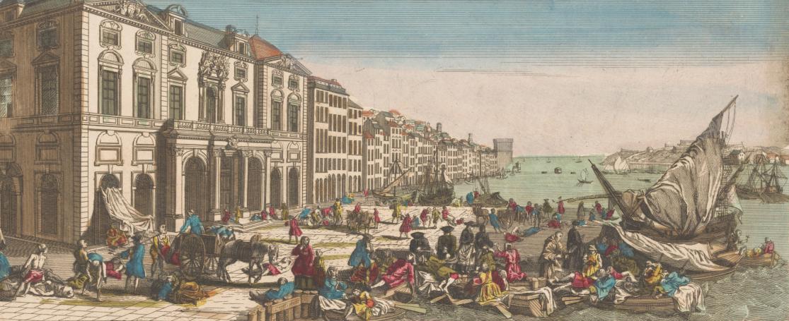 Gezicht op het Stadhuis en de haven te Marseille met slachtoffers getroffen door de pest in 1720
