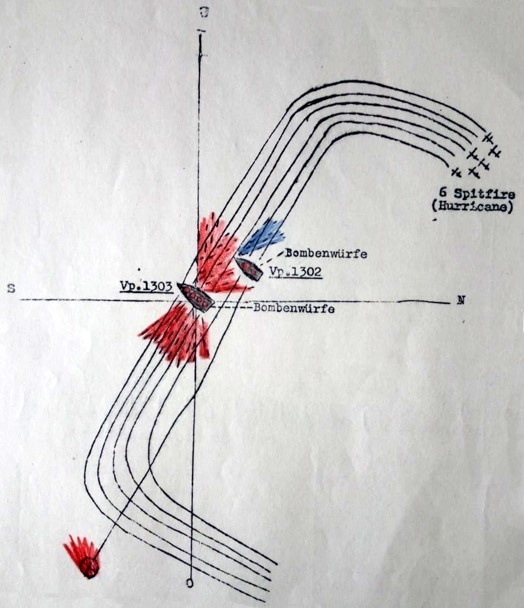 Drawing of the attack by six British Air Force bombers on the German patrol boat V-1302 John Mahn. 