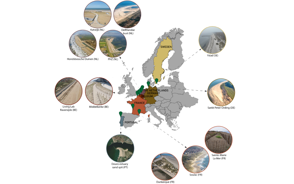 Een overzicht van de 12 demonstratie locaties langs de Europese kustlijn (aangeduidt met groene pinpoints)