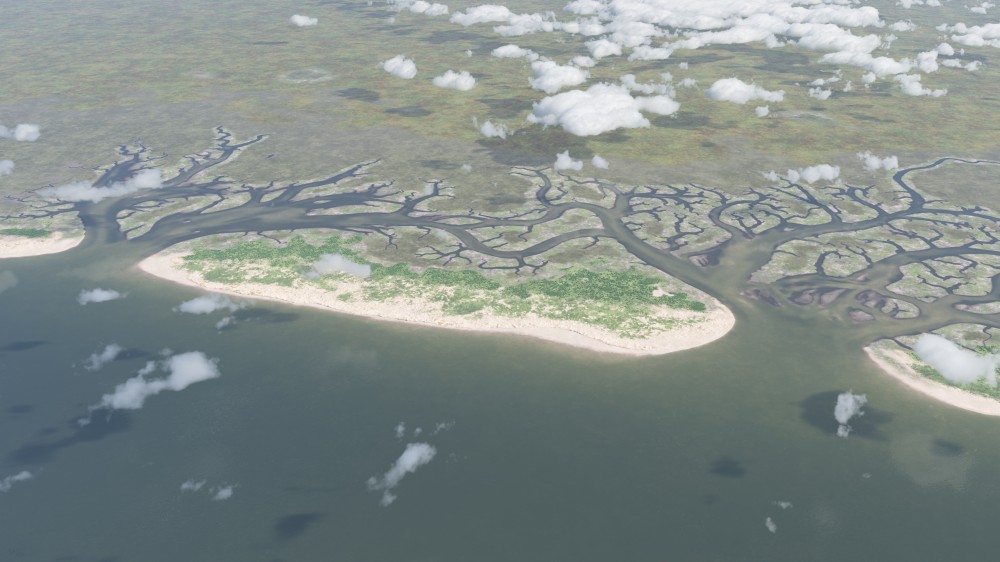 Artistieke impressie van het barrière-eilandensysteem voor het centrale deel van de Belgische kust (rond 4000 v.Chr.) bij vloed, met in beeld het eiland Testerep, gezien vanaf de Noordzee.