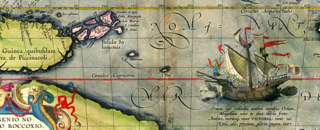 Detail kaart van Ortelius - Magellaan's schip Victoria