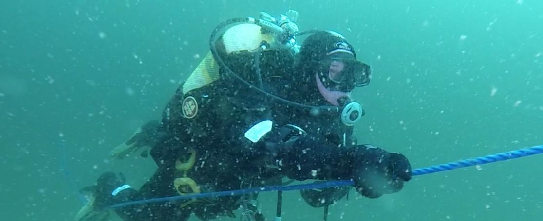 Een wetenschappelijk duiker van VLIZ aan het werk in de Noordzee