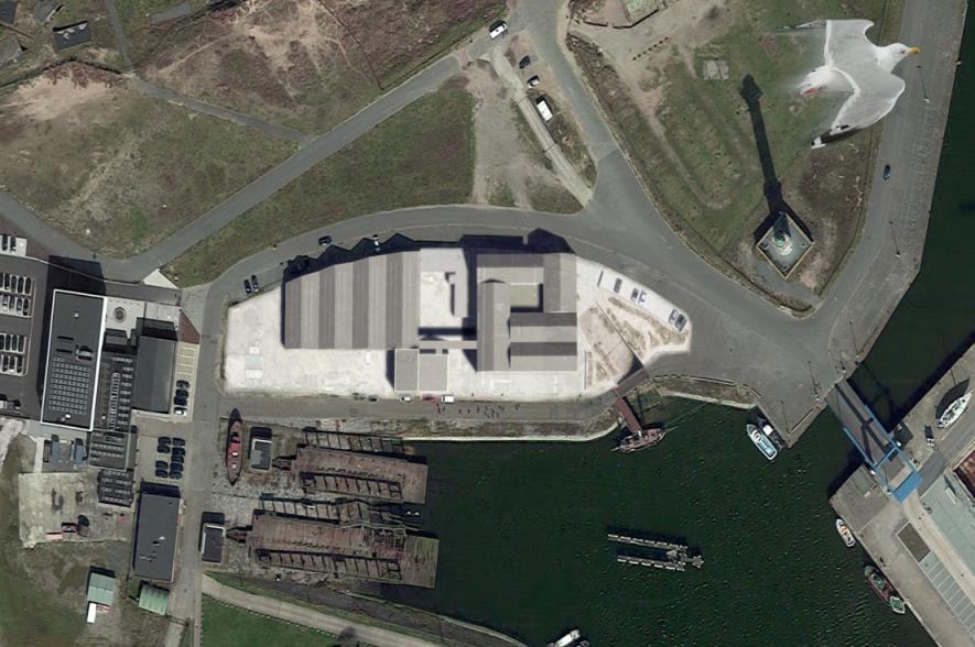 Luchtfoto van de Halve Maan site met het Marien Station Oostende en de 'Ocean Innovation Space'.