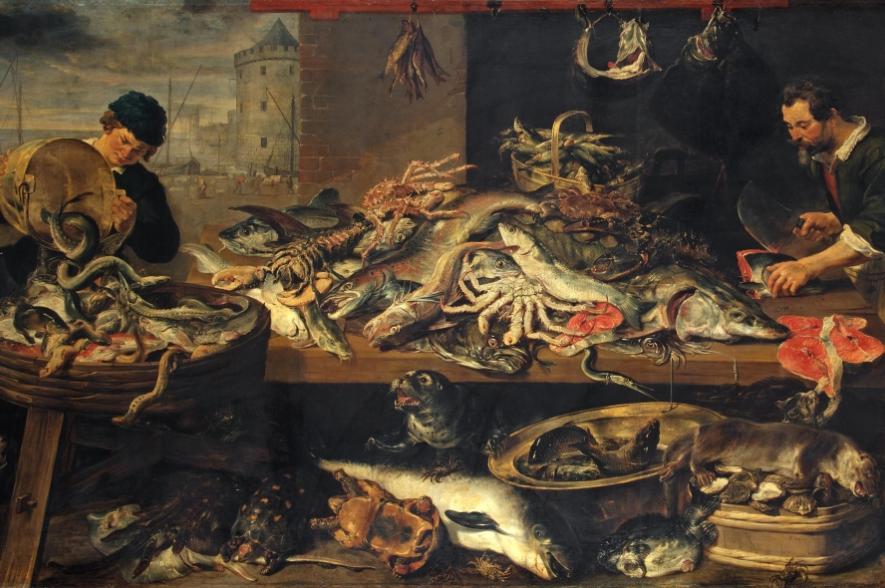 Schilderij van een Antwerps viskraam in de 17de eeuw