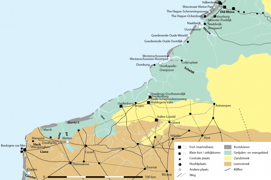 Verspreidingskaart van militaire infrastructuur langs de Noordzeekust.