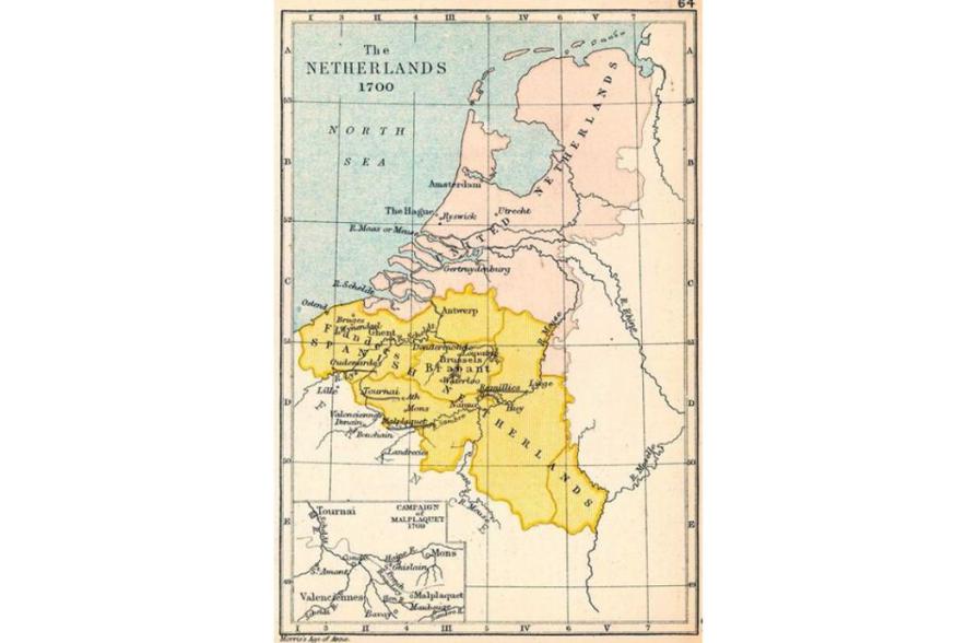 Overzichtskaart met de zuidelijke (Spaanse) en noordelijke (Verenigde) Nederlanden, ca 1700.