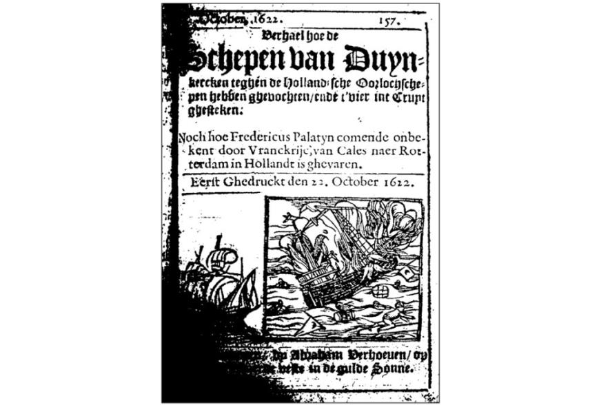 Voorpagina van de Nieuwe Tydinghen van 22 oktober 1622: “Verhael hoe de Schepen van Duynkercken teghen de Hollandsche Oorlochschepen hebben ghevochten ende t’vier int Cruyt ghesteken”. 