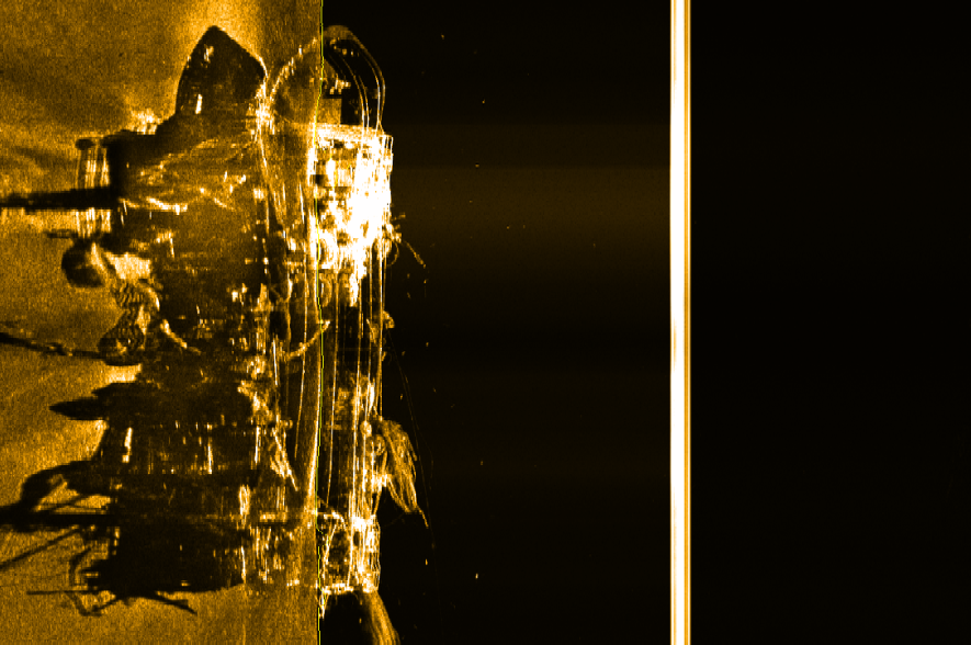 Een side-scan sonar beeld van het vissersvaartuig Piedras.