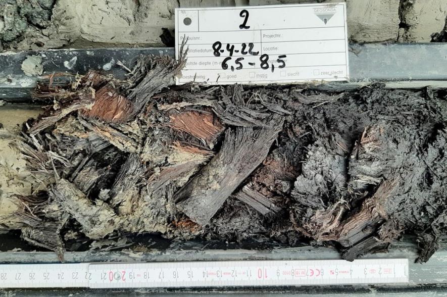 Houtresten aangetroffen in het ongestoorde bodemstaal van boring 2 