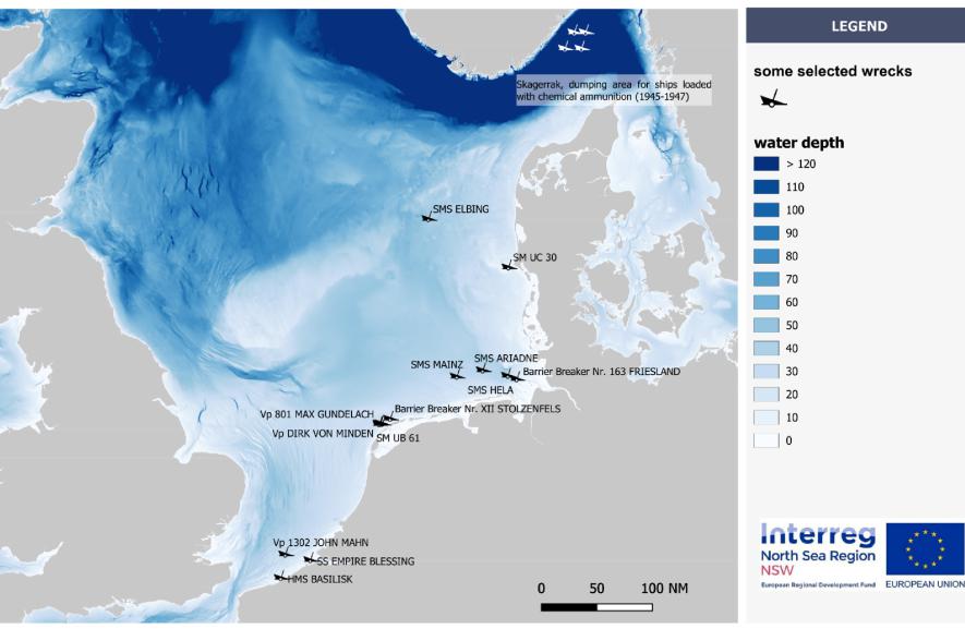 Kaartje met de geselecteerde scheepswrakken voor onderzoek binnen het project North Sea Wrecks.