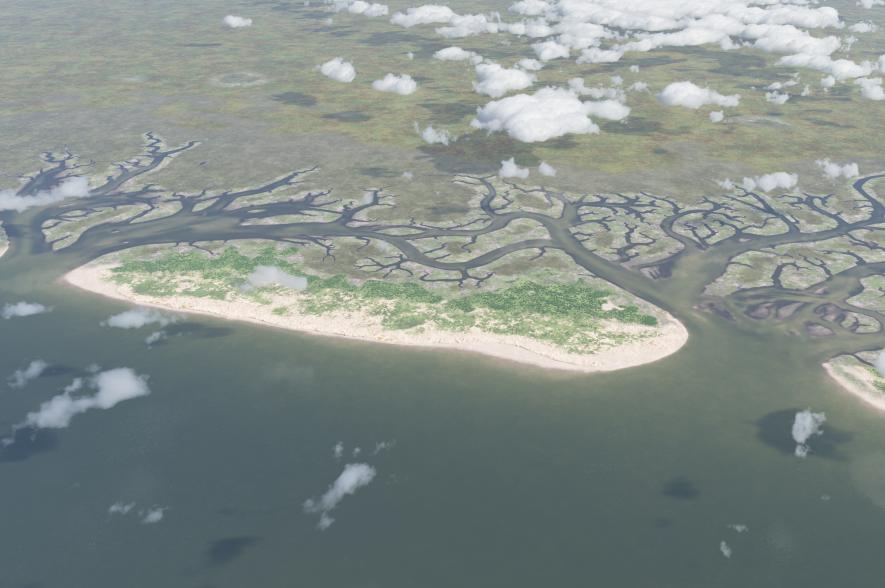 Artistieke impressie van het barrière-eilandensysteem voor het centrale deel van de Belgische kust 