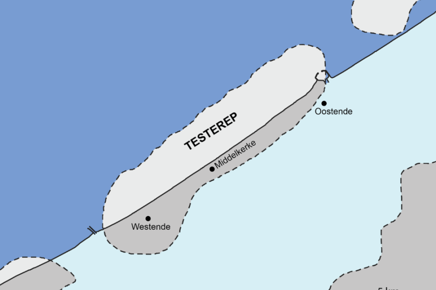Reconstructiekaart van de vermoedelijke kustlijn van Testerep zo’n 6000 jaar geleden. De huidige kustlijn is als zwarte lijn aangegeven.