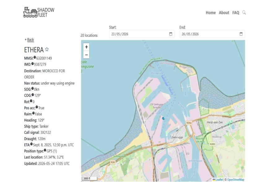 Ethera ligt op 2026.05.26 nog steeds vast in Zeebrugge